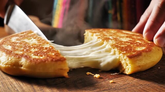 Person cutting freshly baked round flatbread on wooden board 4K Video