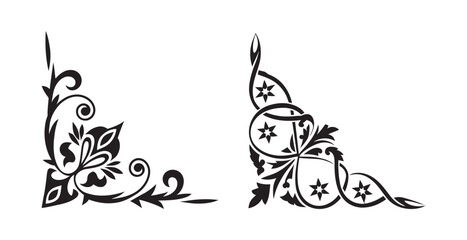 Naklejka premium Two decorative black floral corner ornaments isolated on white background for design projects.