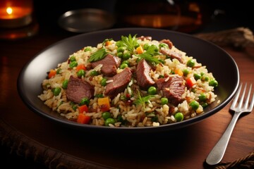 Fototapeta premium Beef fried rice bowl with peas, carrots, and herbs on a rustic wooden table
