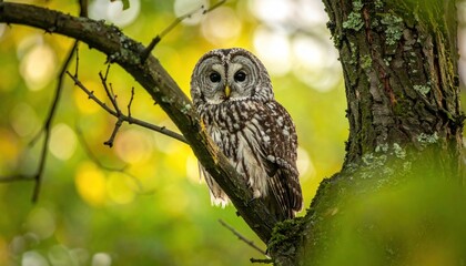 Fototapeta premium Barred Owl Perched on a Tree Branch in Autumn.