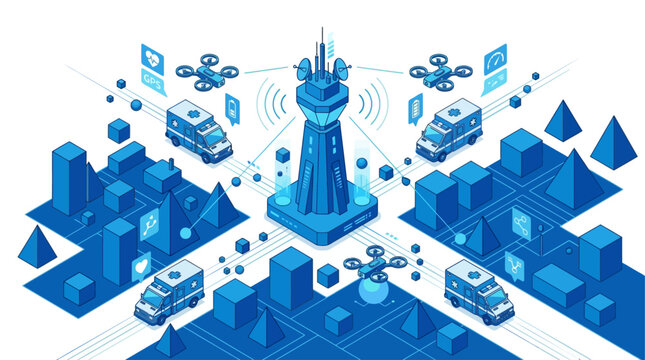 Isometric 5G Smart City Emergency Network with Autonomous Ambulances and Drones for Healthcare SaaS, Telemedicine Logistics and Digital Infrastructure Data Visualization