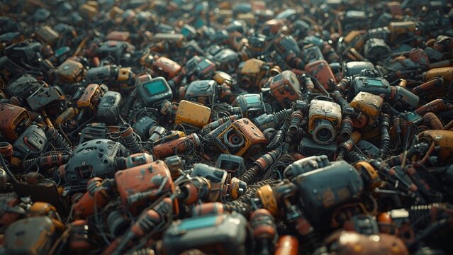 "Post-apocalyptic heap of robotic scrap metal and electronic waste, pile of broken android parts in a junkyard, concept of technological obsolescence and e-waste"