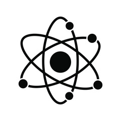 Minimalist black atom icon with central nucleus and orbiting electrons representing scientific research, molecular structure, and nuclear physics isolated on white background.