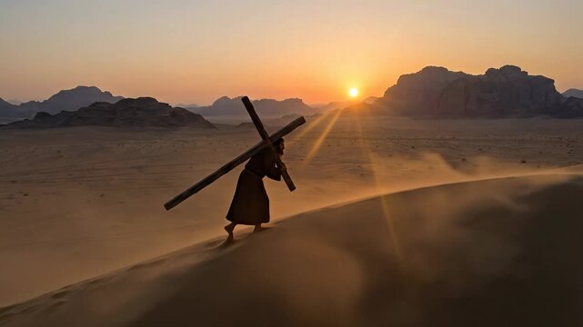 A conceptual silhouette of jesus christ carrying a heavy wooden cross up a sandy dune at sunset, representing the way of biblical sorrows and sacrifice. holy week.