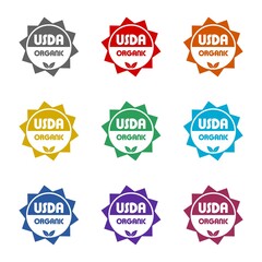 Fototapeta premium USDA organic certified stamp icon isolated on white background. Set icons colorful