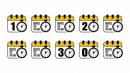 Set of calendar showing countdown days and stopwatch for time tracking adobe