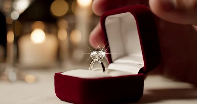 Shining diamond ring in red velvet box

