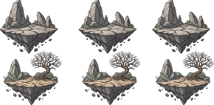Isometric floating island game assets with desert rocks and dry dead tree, cracked stone platforms vector illustration set on white background.