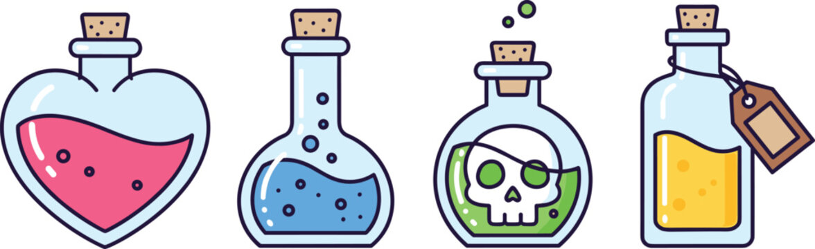 Magical potion glass bottles with colorful liquids, heart shape love elixir and poison skull jars isolated on white background.