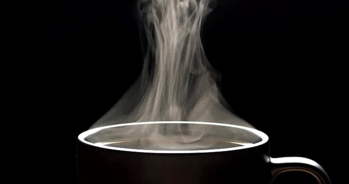 close up of a black coffee cup with thick steam rising against a dark background. generated with AI