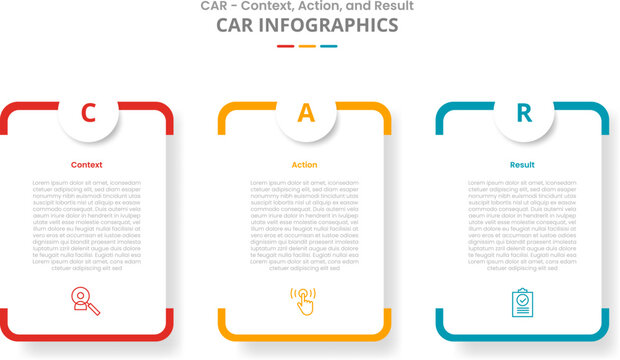 CAR interview technique model for infographic with drop shadow style with round vertical box with circle badge top with 3 point list information