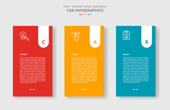 CAR interview technique model for infographic with drop shadow style with vertical box with round badge on top with 3 point list information