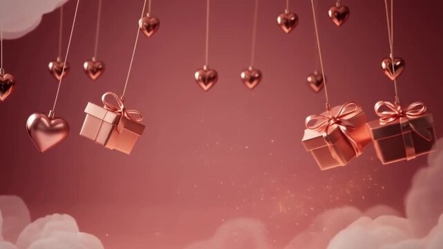 A heartwarming video of gifts suspended in the air amidst fluffy white clouds and a soft pink background