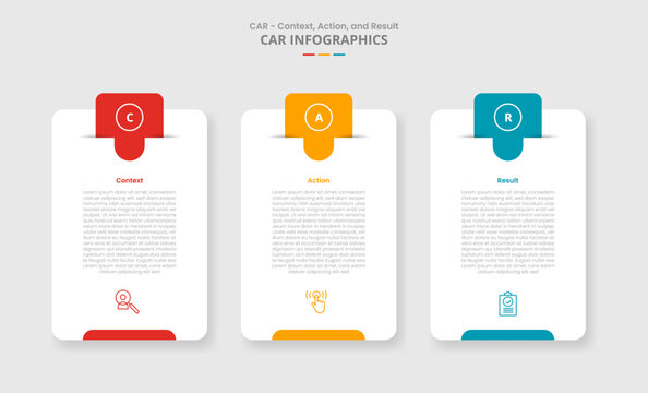 CAR interview technique model for infographic with drop shadow style with vertical round box with round badge header with 3 point list information