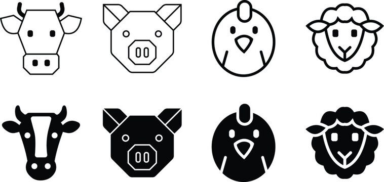 Simple Farm Animal Avatar Bundle Clean Outline Illustration