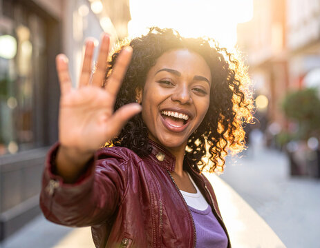 Lachende Frau hält die Hand zum high five hoch