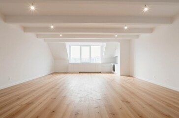 Obraz premium Bright, modern open-plan apartment interior featuring hardwood floors, white walls, ceiling beams, and natural light