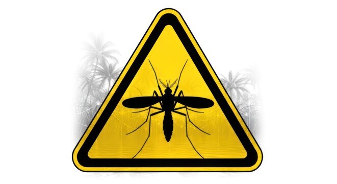 A warning sign featuring a mosquito silhouette on a yellow background with a black border and triangle shape.