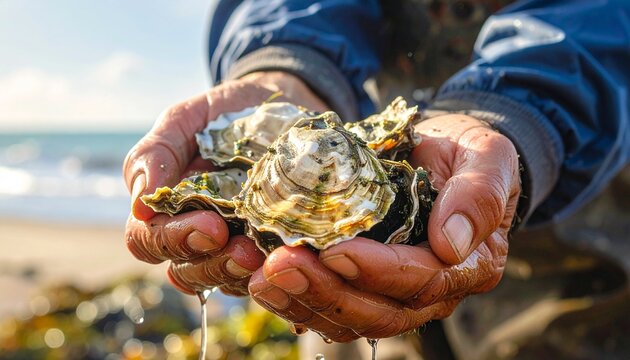 Close-up of hardworking hands proudly presenting a bountiful collection of freshly harvested oysters by the sparkling ocean