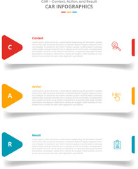 CAR interview technique model for infographic with drop shadow style with round rectangle box with arrow edge stacked list with 3 point list information