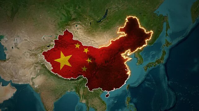 China Country Border Highlight Animation with Flag Overlay on Satellite Map
