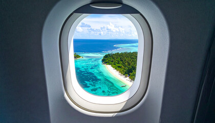 Fototapeta premium Tropical island with white sandy beach and palm trees viewed from an airplane window overlooking turquoise ocean