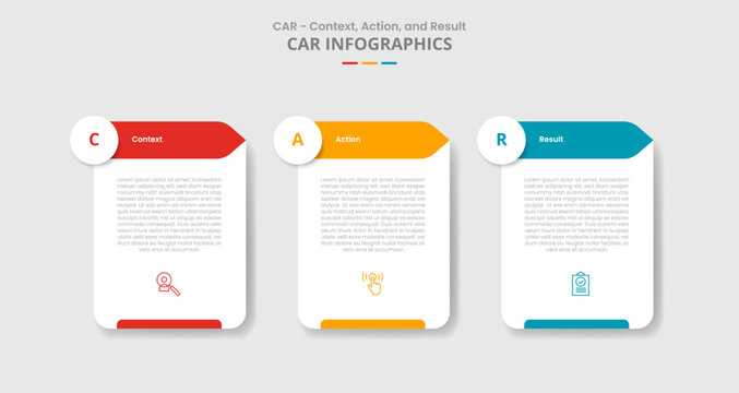 CAR interview technique model for infographic with drop shadow style with table box container with circle and arrow direction with 3 point list information