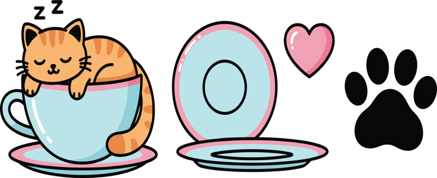 Adorable ginger cat sleeping in a blue teacup vector illustration set, cute kitten character with pink heart and paw print on white background.