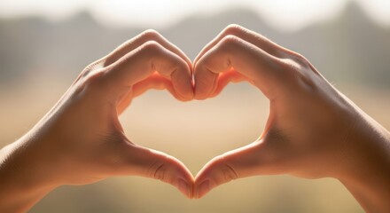 Obraz premium A pair of hands forming a heart shape with sunlight filtering through the fingers, set against a blurred natural background.