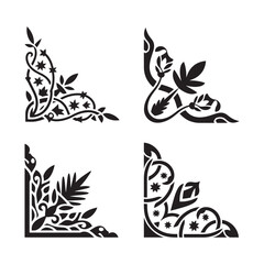 Fototapeta premium Set of four decorative floral corner ornaments with swirling vines and leaves in black silhouette.