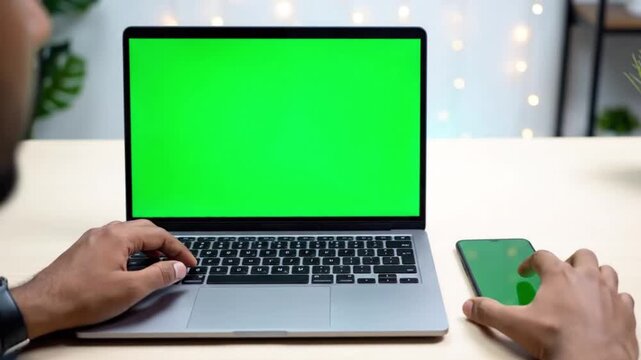Multi Device Workflow Laptop and Smartphone Green Screen 4K