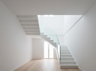 Obraz premium Modern Minimalist Staircase Design with White Steps and Glass Railing in Bright Interior Space