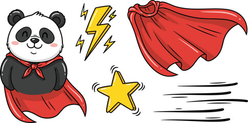 Cute panda superhero character wearing red cape, heroic power set with lightning bolt and golden star vector illustration on white background. © ABDUL HAKIM