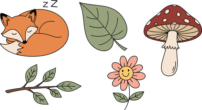 Cute sleeping fox character in autumn forest set, red mushroom and smiling flower with green leaves vector illustration on white background.