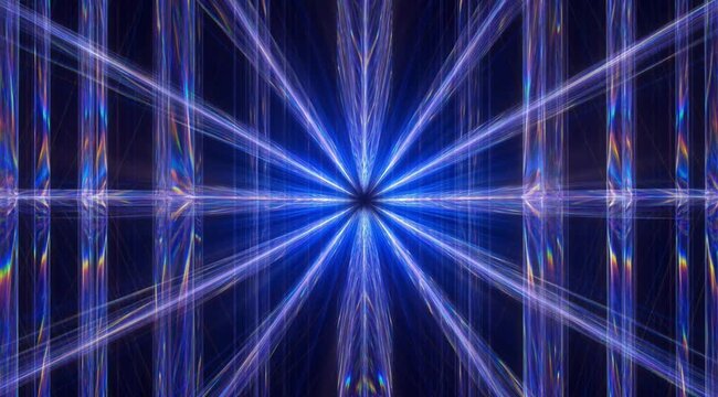Pulsing starburst light beams create a dynamic matrix Psychedelic iridescent holographic tunnel background loop