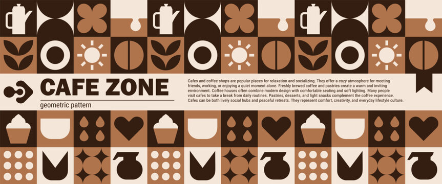 Bakery geometry with abstract coffee mosaic and food shapes.