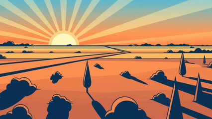Stylized vector landscape at sunrise or sunset. Rural road through fields with a radiant sun and dramatic long shadows
