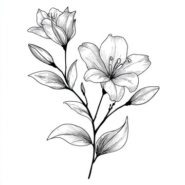 Sketch of flowers in black and white showing petals and leaves on a simple branch with buds in a natural setting