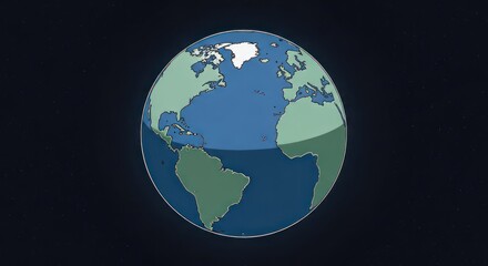 Fototapeta premium An illustration of the Earth with a focus on the polar regions, depicted in a dark background with a gradient of blue and green colors representing the oceans and landmasses.