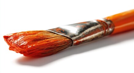Fototapeta premium Close up of an orange paintbrush against a stark white background