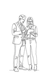 Obraz premium Minimalist black continuous line drawing of a man in a suit and a woman in trousers holding a tablet on white background concept of professional collaboration