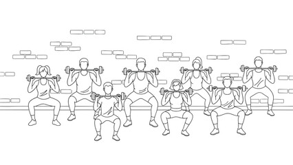 Fototapeta premium Fitness class silhouette with dumbbells in gym setting against brick w