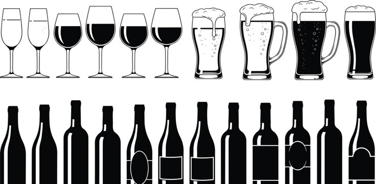 Collection of Hand Drawn Vector Silhouettes Featuring Wine Bottles Beer Glasses and Champagne Flutes Isolated on White Background for Restaurant Menu and Bar Branding
