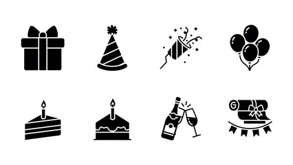 Naklejka premium Celebration icons set: party hat gift box cake balloons champagne and 