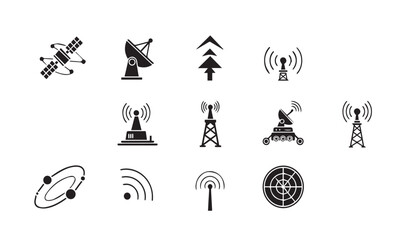 Obraz premium Telecommunication icons set including satellite and radar technology symbols