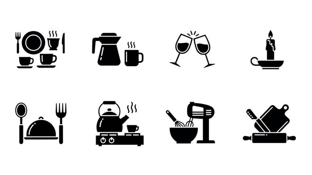 Kitchen icons set: modern silhouette designs of dining and cooking ess