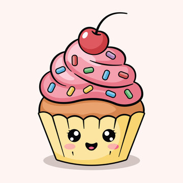 Cute Kawaii Cupcake Character with Pink Frosting