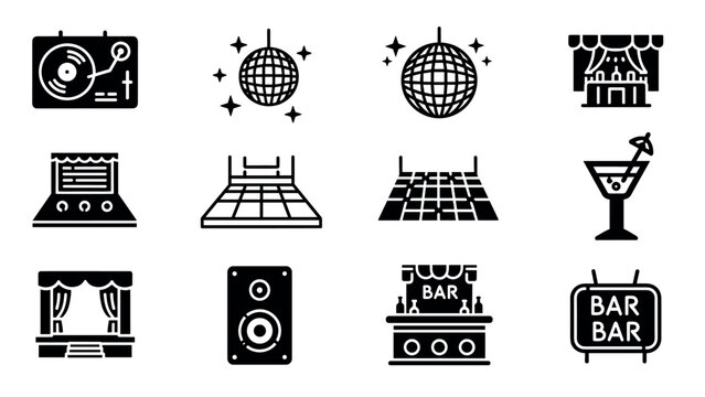 Retro party icons set featuring disco ball dj turntable dance floor an