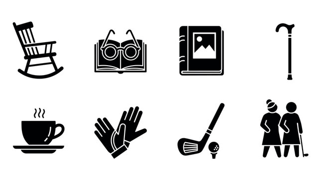 Minimalist silhouette icons of leisure and hobbies for seniors
