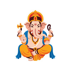 Illustration of Ganesha sitting cross-legged with multiple arms and ornaments in a vibrant, mythological depiction against a plain white background.